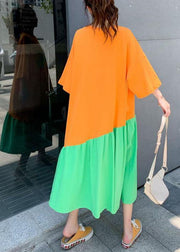 Plus Size Orange Patchwork Green Loose Graphic Summer Half Sleeve Long Dress - bagstylebliss