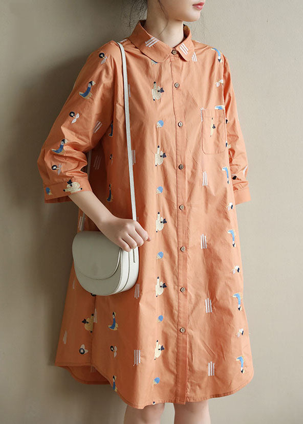 Plus Size Orange Peter Pan Collar Embroideried Cotton Shirt Dresses Bracelet Sleeve