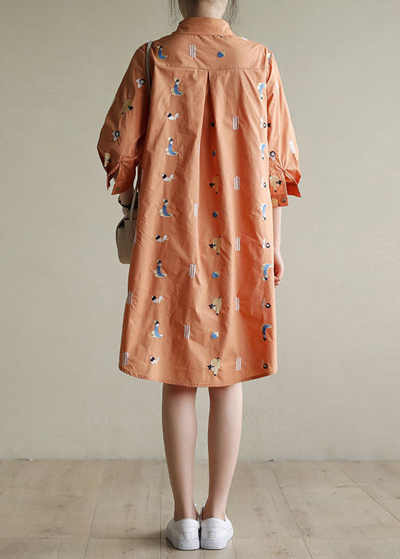 Plus Size Orange Peter Pan Collar Embroideried Cotton Shirt Dresses Bracelet Sleeve