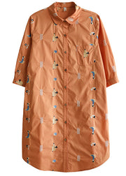 Plus Size Orange Peter Pan Collar Embroideried Cotton Shirt Dresses Bracelet Sleeve