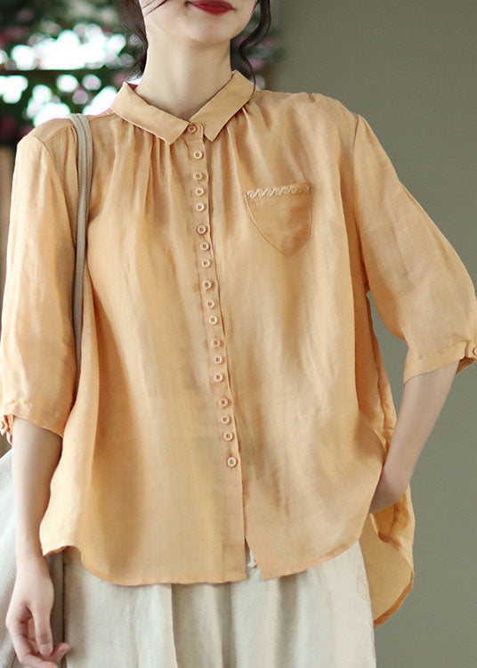 Plus Size Orange Peter Pan Collar Pockets Linen Shirt Tops Half Sleeve