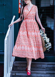 Plus Size Orange Print Cinched Ruffled Summer Linen Dress - bagstylebliss