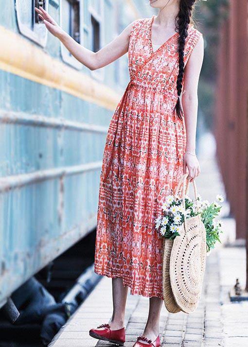 Plus Size Orange Print Cinched Ruffled Summer Linen Dress - bagstylebliss