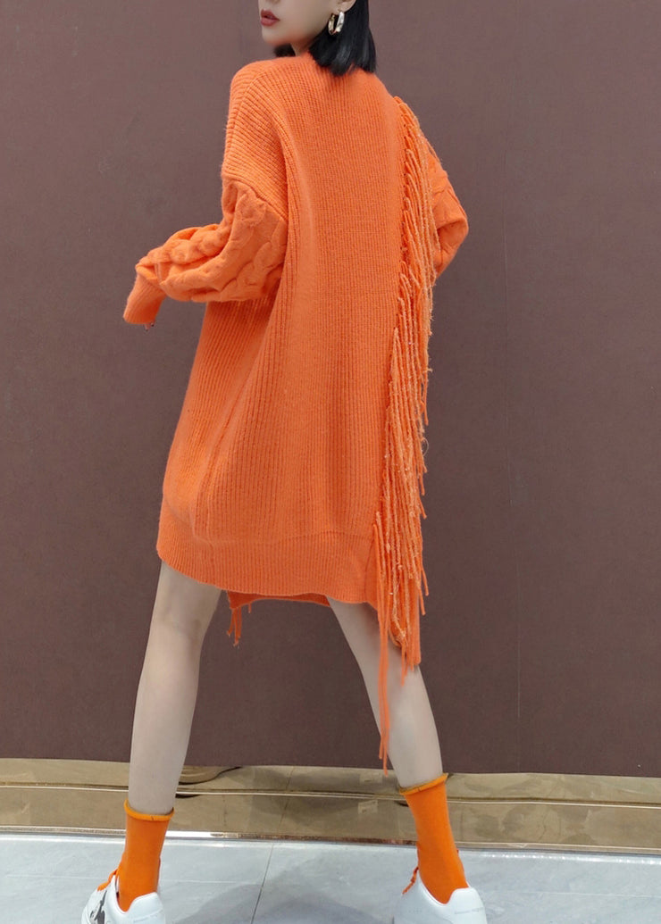 Plus Size Orange Tasseled Patchwork Knit Knit Sweater Dress Winter