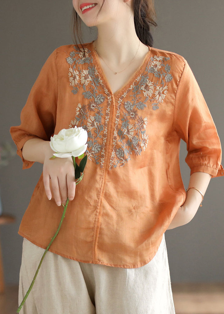 Plus Size Orange V Neck Embroidered Linen Blouse Top Half Sleeve