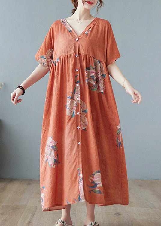 Plus Size Orange V Neck Maxi Dress Short Sleeve