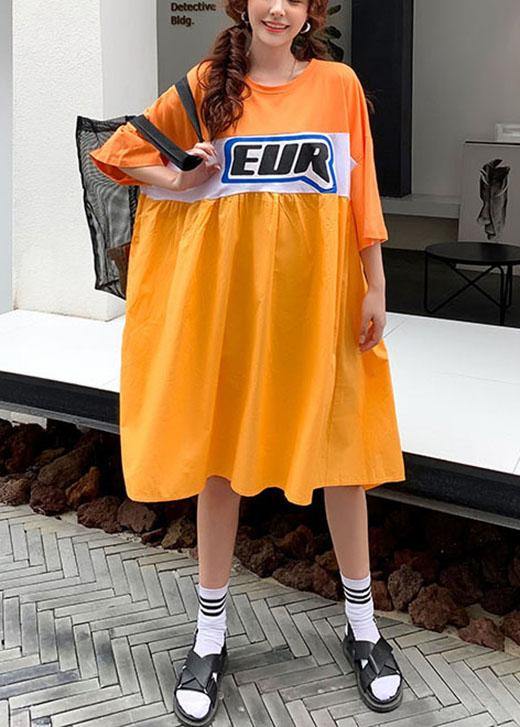 Plus Size Orange White Patchwork Yellow O-Neck Summer Graphic Half Sleeve Long Dresses - bagstylebliss