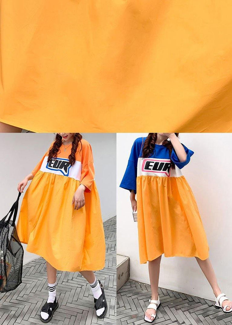 Plus Size Orange White Patchwork Yellow O-Neck Summer Graphic Half Sleeve Long Dresses - bagstylebliss