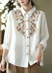 Plus Size Orange button Peter Pan Collar Embroideried Linen Blouses Spring