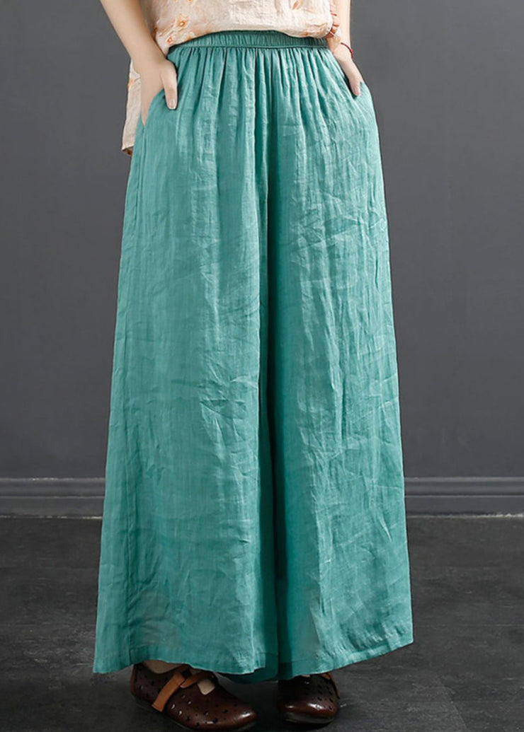 Plus Size Peacock Blue Pockets Elastic Waist Linen Wide Leg Pants Fall