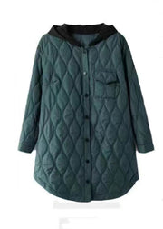 Plus Size Peacock Green Hooded Pockets Cotton Filled Women Coats Winter