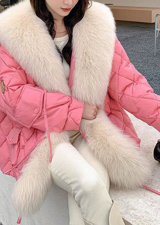 Plus Size Pink Fur Collar Pockets Plaid Patchwork Parka Long Sleeve