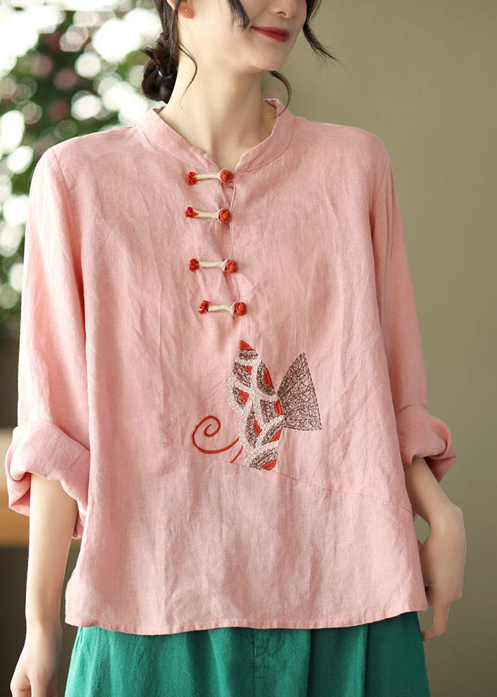 Plus Size Pink O-Neck Embroideried Linen Top Long Sleeve