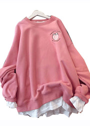 Plus Size Pink O-Neck Print Patchwork Fleece Sweatshirt Winter