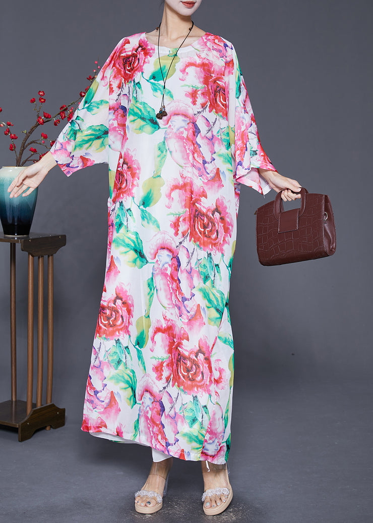 Plus Size Pink Oversized Floral Print Cotton Dress Batwing Sleeve