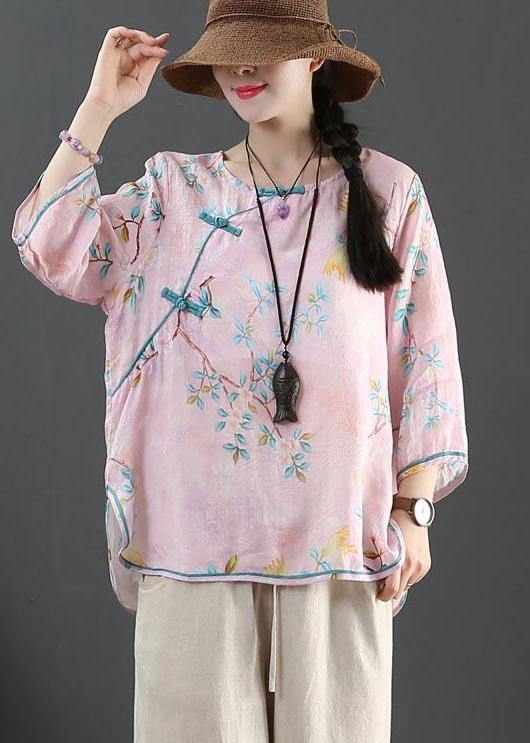 Plus Size Pink Print Linen Oriental Summer Shirts - bagstylebliss