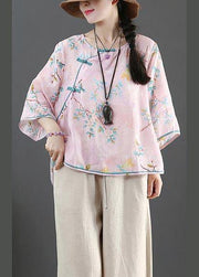 Plus Size Pink Print Linen Oriental Summer Shirts - bagstylebliss