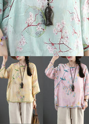 Plus Size Pink Print Linen Oriental Summer Shirts - bagstylebliss