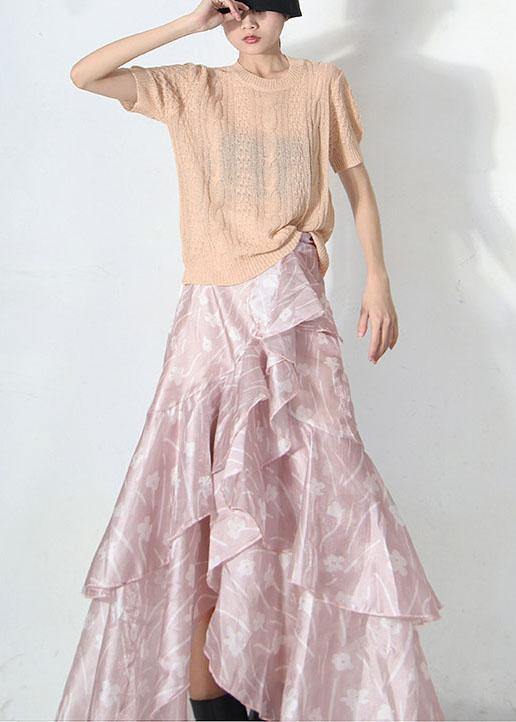 Plus Size Pink Print Summer Ruffles low high design Skirt - bagstylebliss