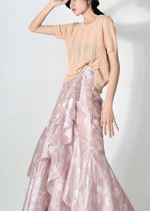 Plus Size Pink Print Summer Ruffles low high design Skirt - bagstylebliss