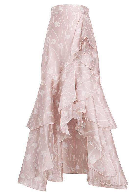 Plus Size Pink Print Summer Ruffles low high design Skirt - bagstylebliss