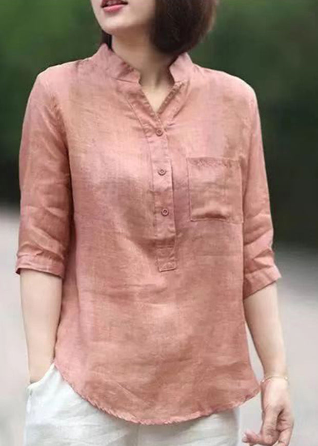 Plus Size Pink Stand Collar pockets Linen Blouses top Half Sleeve