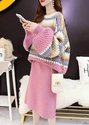 Plus Size Pink Striped Two Piece Set Women Winter Clothing