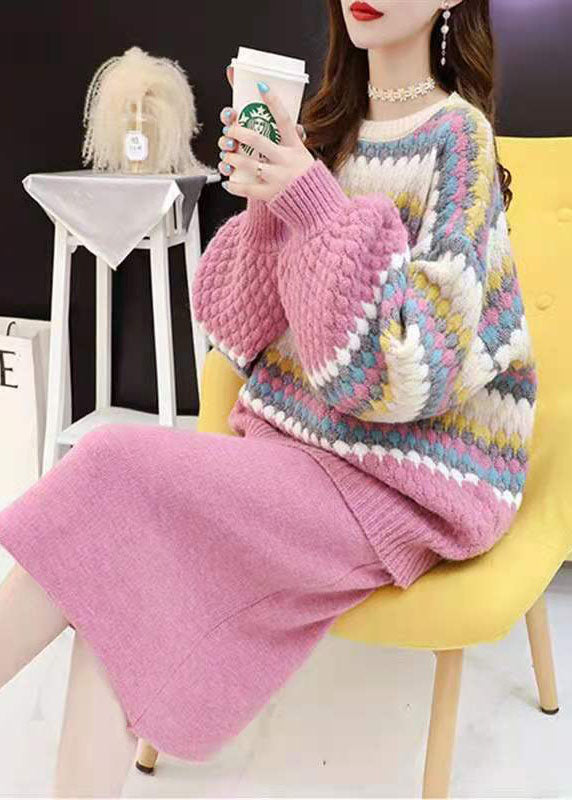 Plus Size Pink Striped Two Piece Set Women Winter Clothing