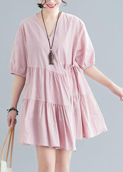 Plus Size Pink V Neck Cinched Ankle Summer Cotton Dress - bagstylebliss