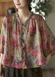 Plus Size brown geometry V Neck Ruffled Print Linen Blouse Top Half Sleeve