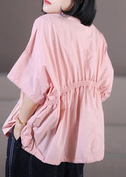 Plus Size Pink Wrinkled Drawstring Cotton Pullover Sweatshirt Top Summer