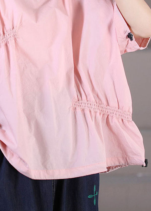 Plus Size Pink Wrinkled Drawstring Cotton Pullover Sweatshirt Top Summer