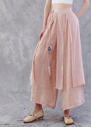 Plus Size Pink tie waistAsymmetrical Linen wide leg Pants Spring