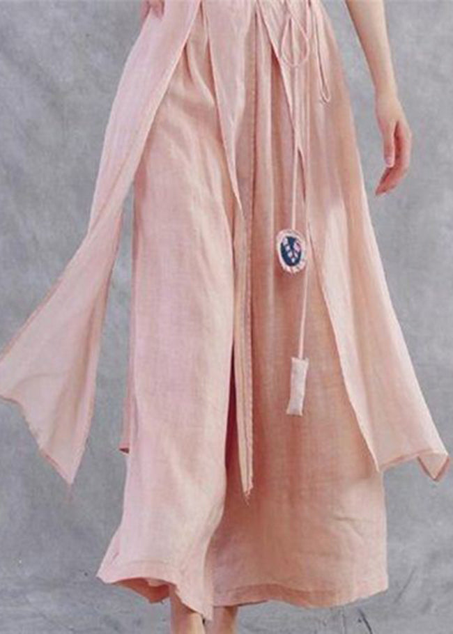 Plus Size Pink tie waistAsymmetrical Linen wide leg Pants Spring