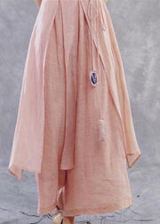 Plus Size Pink tie waistAsymmetrical Linen wide leg Pants Spring