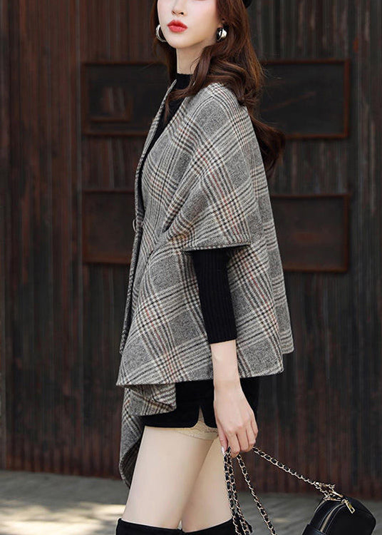 Plus Size Plaid Asymmetrical Button Patchwork Cotton Coats Fall