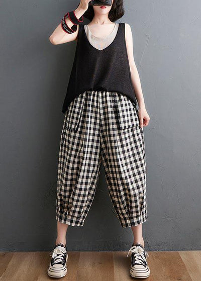 Plus Size Plaid Elastic Waist Casual Harem Pants Summer Cotton Linen - bagstylebliss