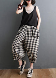 Plus Size Plaid Elastic Waist Casual Harem Pants Summer Cotton Linen - bagstylebliss