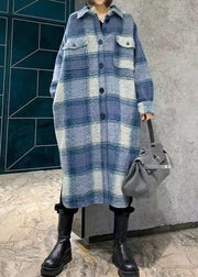 Plus Size Plaid Peter Pan Collar Button Woolen Long Shirt Coats Spring