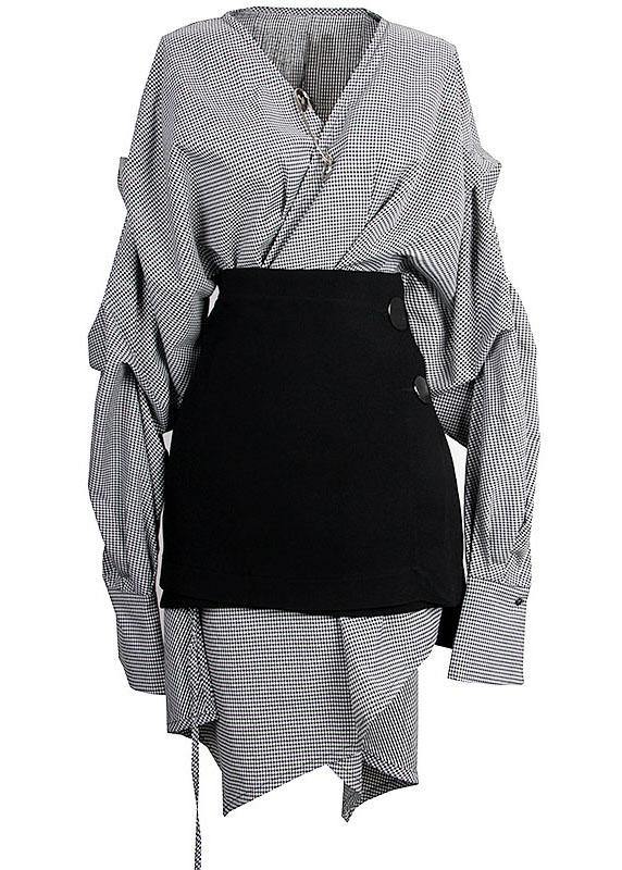 Plus Size Plaid V Neck asymmetrical designLong Sleeve Dress + Black Straight Skirt Two Pieces Set - bagstylebliss