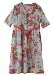 Plus Size Print Oriental Linen Tie Waist Summer Mid Dress - bagstylebliss