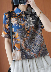 Plus Size Print Peter Pan Collar Button Cotton Linen Top Summer - bagstylebliss