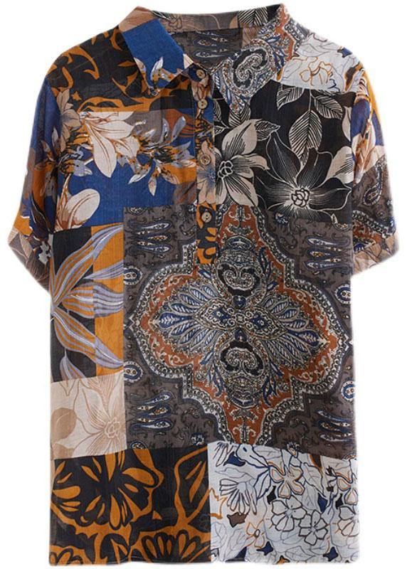 Plus Size Print Peter Pan Collar Button Cotton Linen Top Summer - bagstylebliss