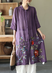 Plus Size Purple Button Embroidered Fall Shirt Half Sleeve