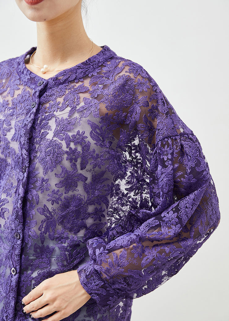 Plus Size Purple Embroidered Hollow Out Lace Shirts Fall