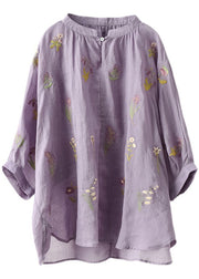 Plus Size Purple Embroideried Loose Fall Three Quarter sleeve Top