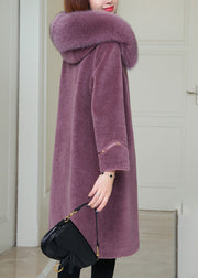 Plus Size Purple Fox Collar Button Warm Fleece Woolen Coats Winter