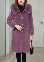 Plus Size Purple Fox Collar Button Warm Fleece Woolen Coats Winter