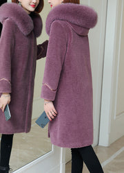 Plus Size Purple Fox Collar Button Warm Fleece Woolen Coats Winter