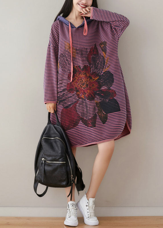 Plus Size Purple Hooded Striped Print Cotton Sweatshirt Dress Spring